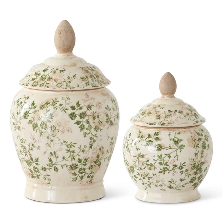 Cream & Green Floral Ceramic Lidded Containers | Set of 2