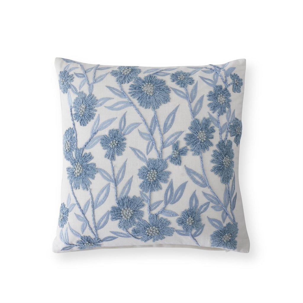 18 Inch Square White Linen & Blue Embroidered Floral Pillow