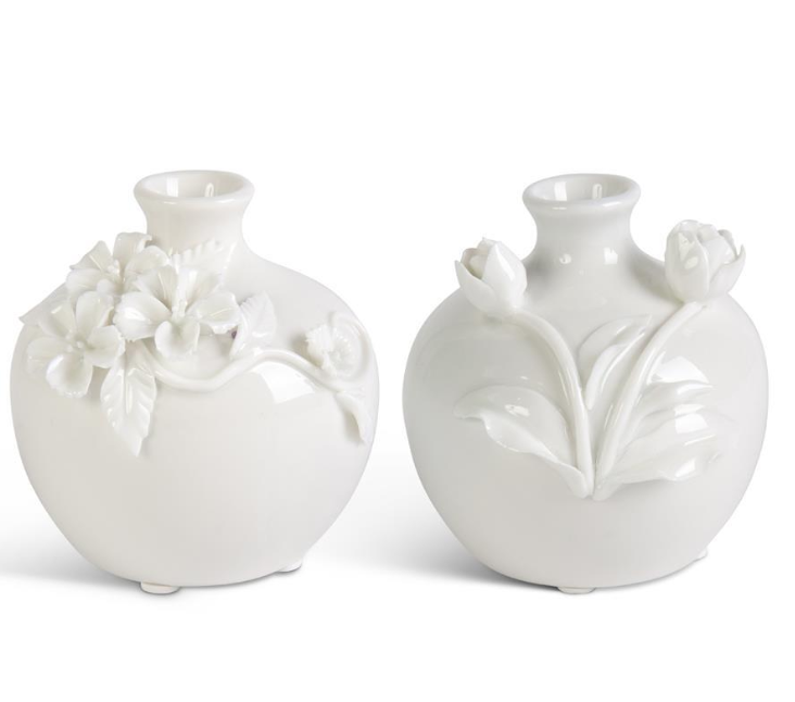 Set 2 Assorted Short White Ceramic Vase w/Raised Flowers (2 Styles)