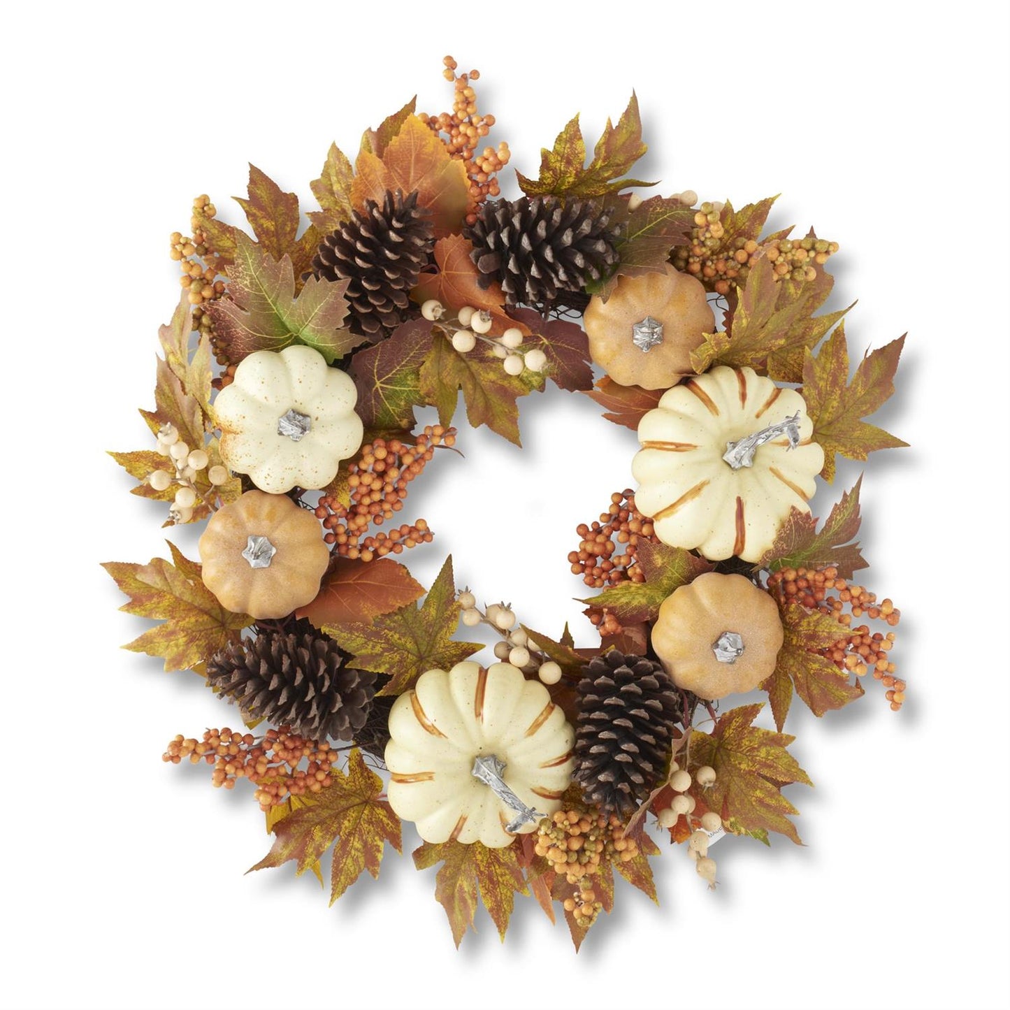 24 Inch Fall Leaf & Berry Wreath w/White & Orange Pumpkins