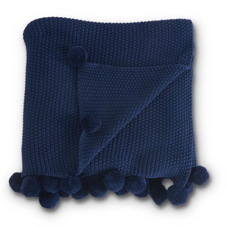 64” Blue Moss Stitch Knit Throw Blanket w/ Pompom Trim