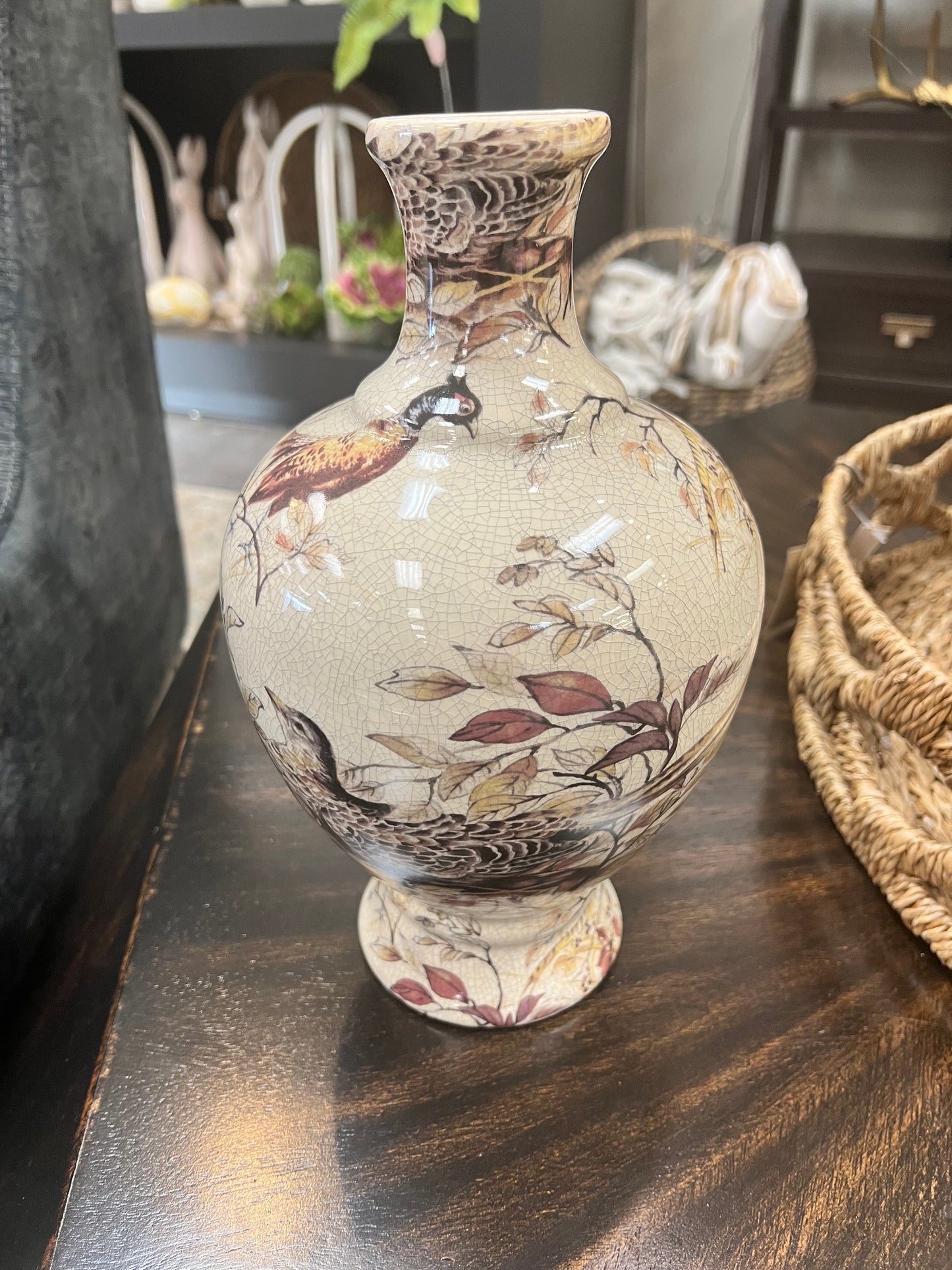 White Crackled Ceramic Pheasant Vase | Medium