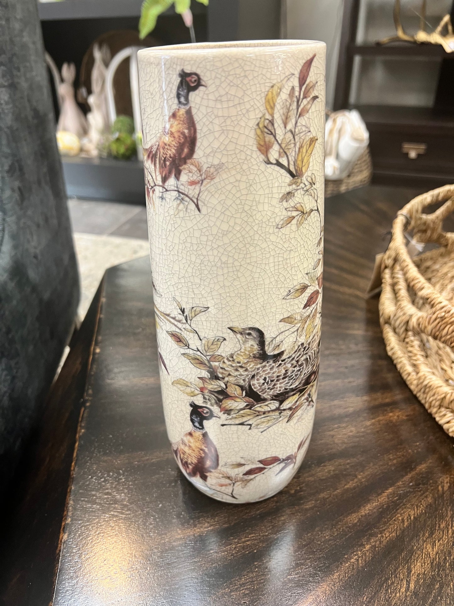 White Crackled Ceramic Pheasant Vase | Large