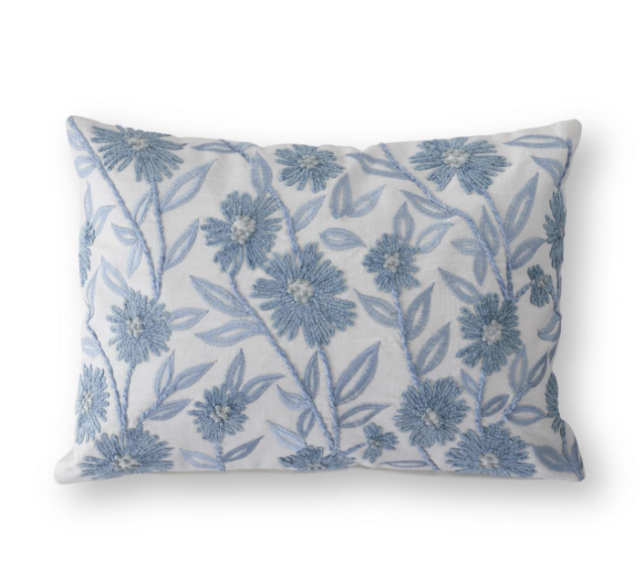 14 Inch Lumbar White Linen & Blue Embroidered Floral Pillow