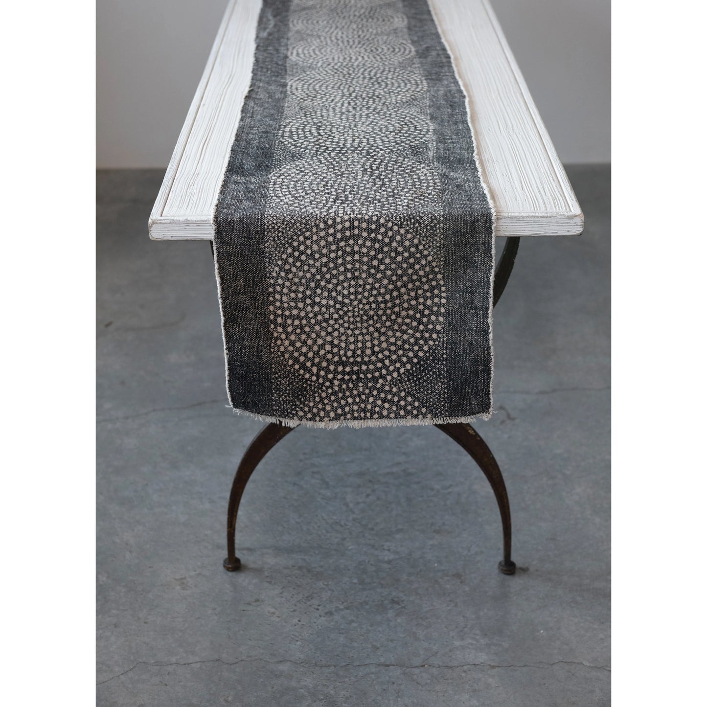 Stonewashed Cotton Canvas Table Runner w/ Frayed Edges | Dot Pattern | Black &White