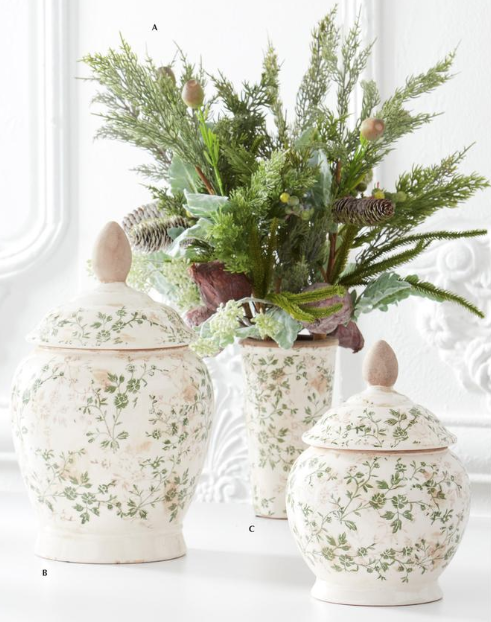 Cream & Green Floral Ceramic Lidded Containers | Set of 2