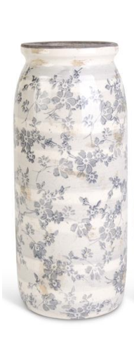 X-Large Ceramic Cream Crackle w/Gray Floral Vase