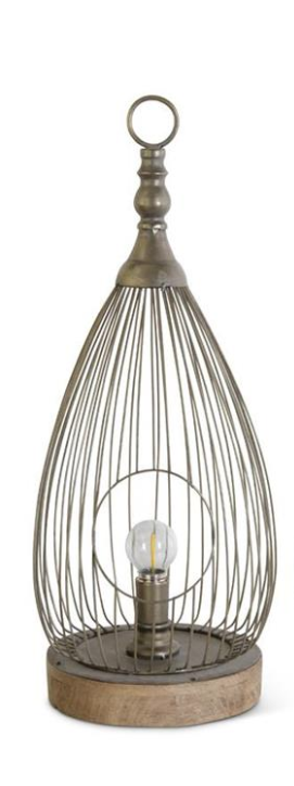 Large Metal Cage Teardrop Wood Base LED Lantern w/Timer