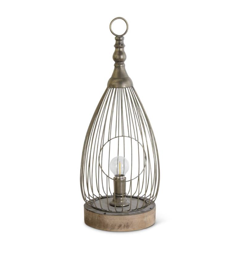 Medium Metal Cage Teardrop Wood Base LED Lanterns w/Timers