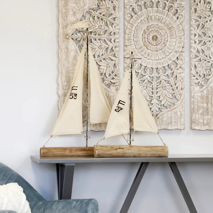 SET/2  natural wood metal and painted canvas sail boats | 32in & 25in |