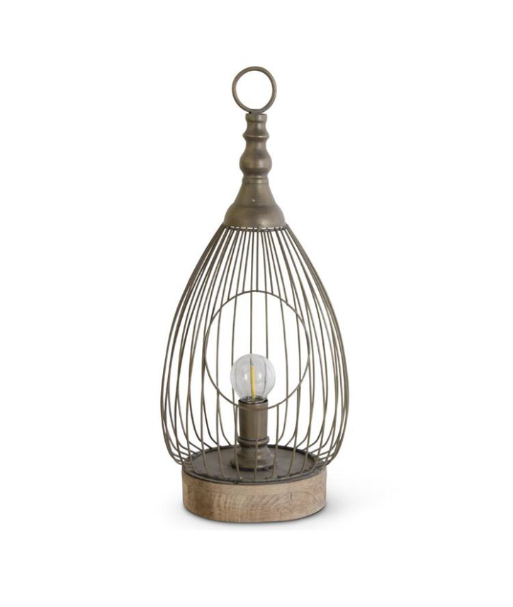 Small Metal Cage Teardrop Wood Base LED Lanterns w/Timer