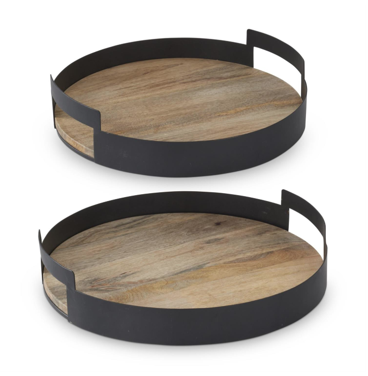 Set of 2 Black Metal Edge Wood Nesting Trays w/Handles