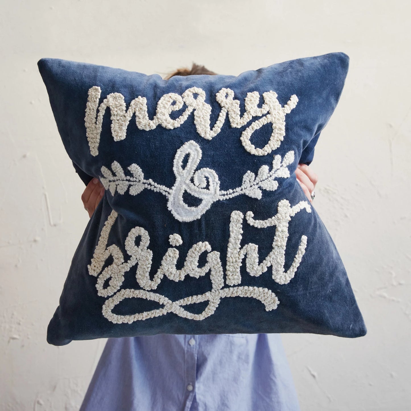 18" Square Cotton Velvet Pillow w/ Embroidered "Merry & Bright", Navy Color & White